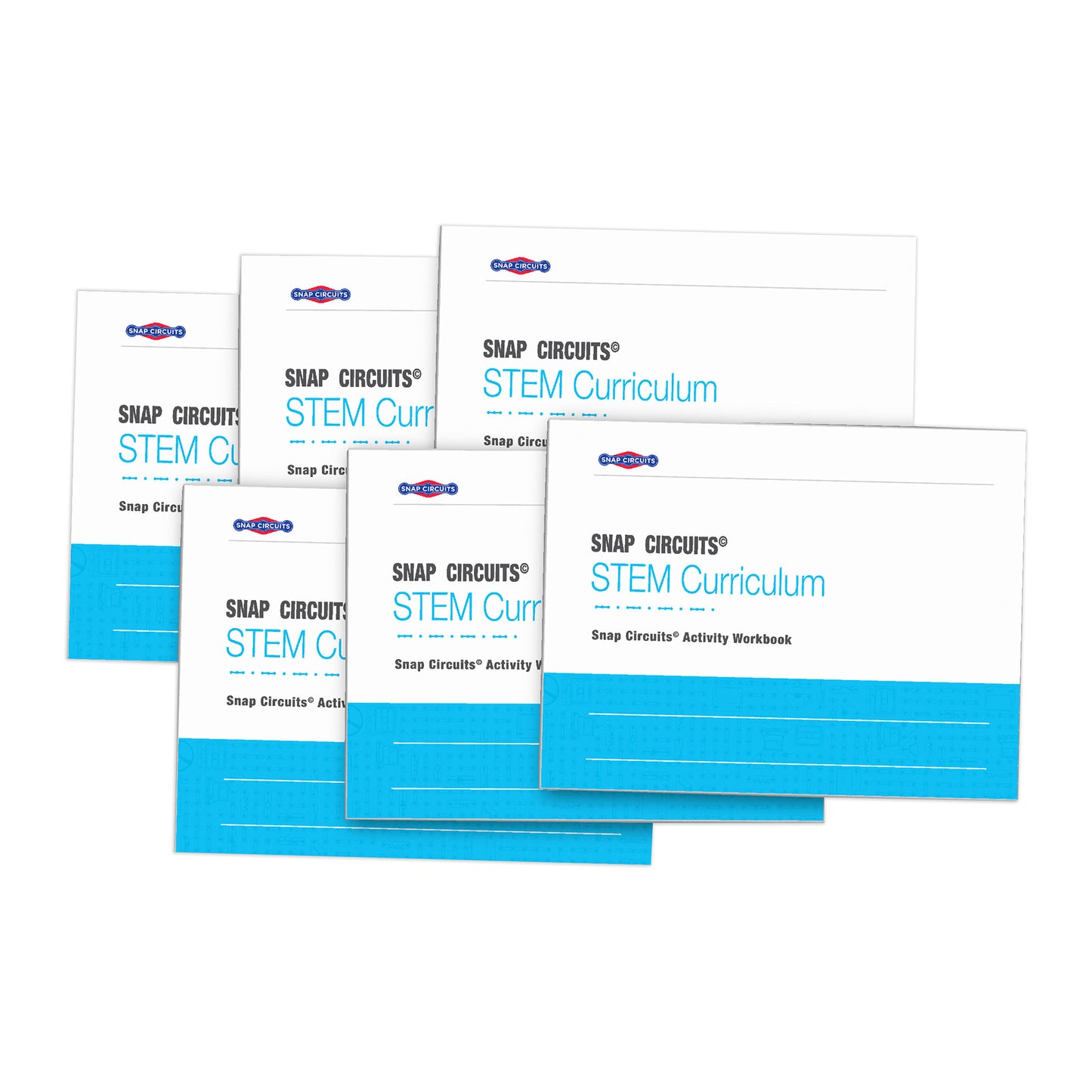 Six Snap Circuits STEM Curriculum activity workbooks fanned out, each with white cover, blue Snap Circuits logo, and bright blue lower section