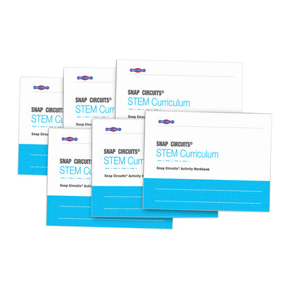 Six Snap Circuits STEM Curriculum activity workbooks fanned out, each with white cover, blue Snap Circuits logo, and bright blue lower section