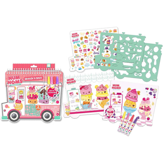 Num Noms Sketch 'n Sniff Portfolio set with pink spiral sketchbook, scented markers, sticker sheets, stencil templates, and scratch-and-sniff stickers featuring