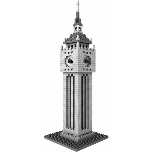 LOZ Diamond Block clock tower building set assembled model, white and dark gray brick blocks, detailed architectural tower with spire on black baseplate