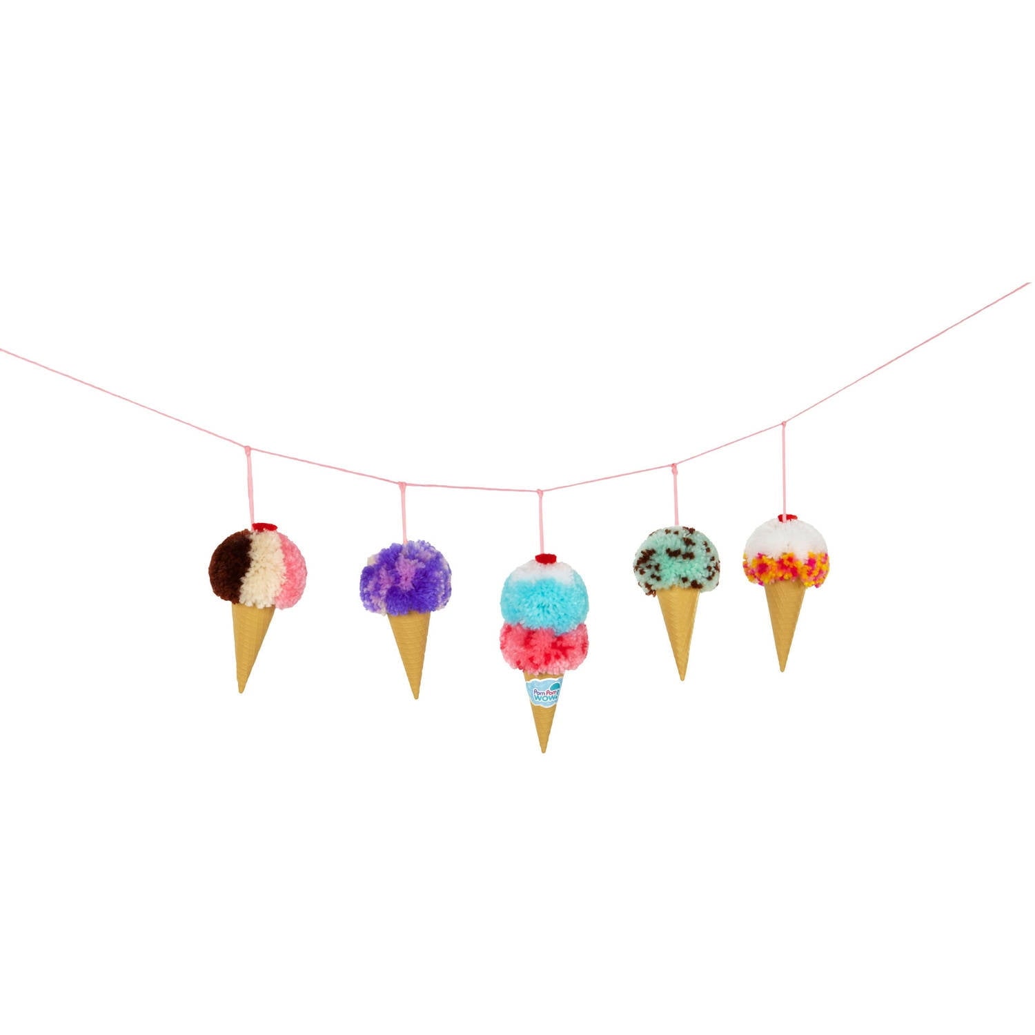 Five colorful pom pom ice cream cone ornaments hanging from a pink string against a white background