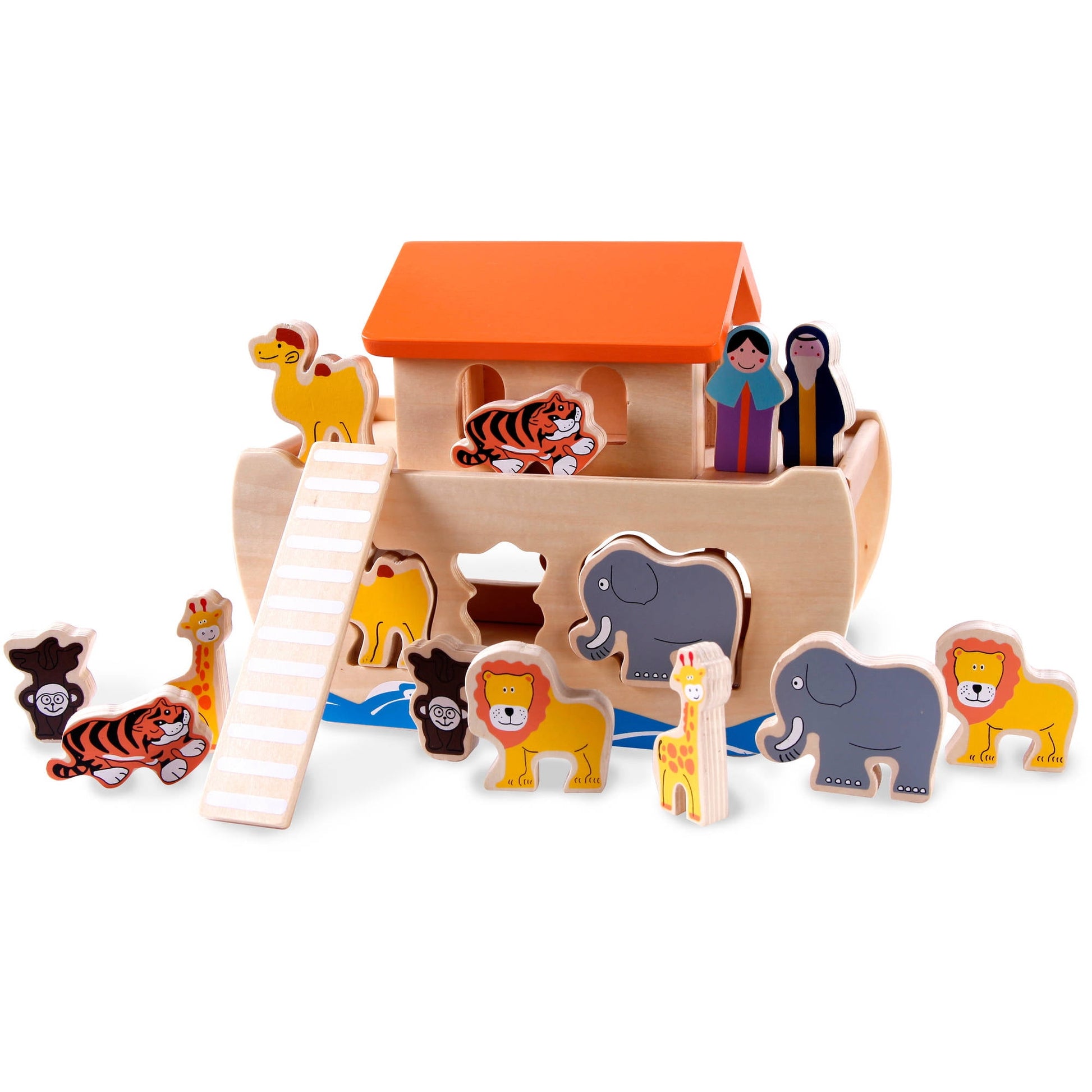 Wooden Noah's Ark building set with orange roof, natural wood structure, and colorful animal and person figurines including elephants, giraffes, lions, tigers,