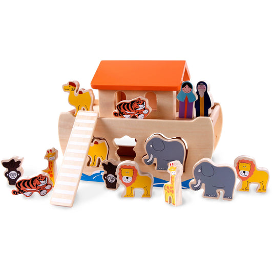 Wooden Noah's Ark building set with orange roof, natural wood structure, and colorful animal and person figurines including elephants, giraffes, lions, tigers,