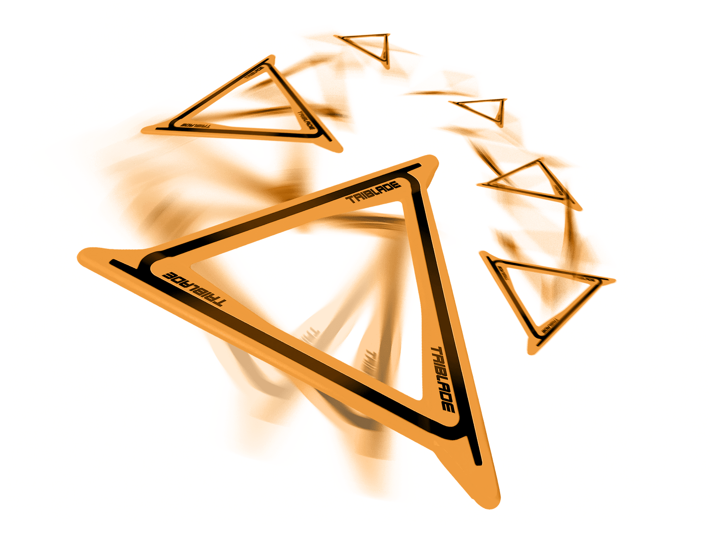 Goliath Sports Aeroflyt Triblade Boomerang in orange with black accents, shown with motion blur effect against white background