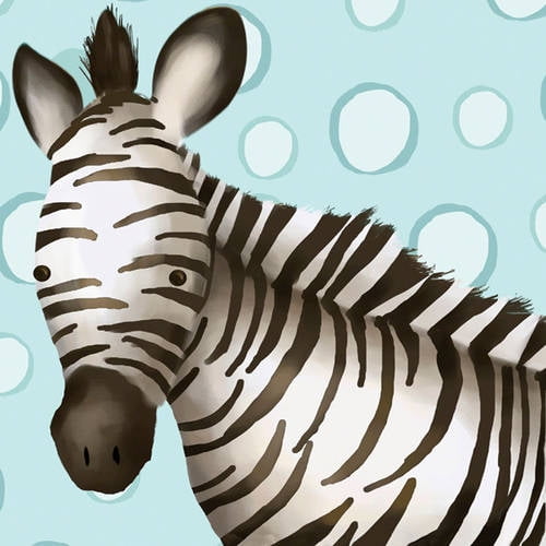 Illustration of a zebra with brown and white stripes on light blue background with circular pattern, Timmy The Zebra plush toy