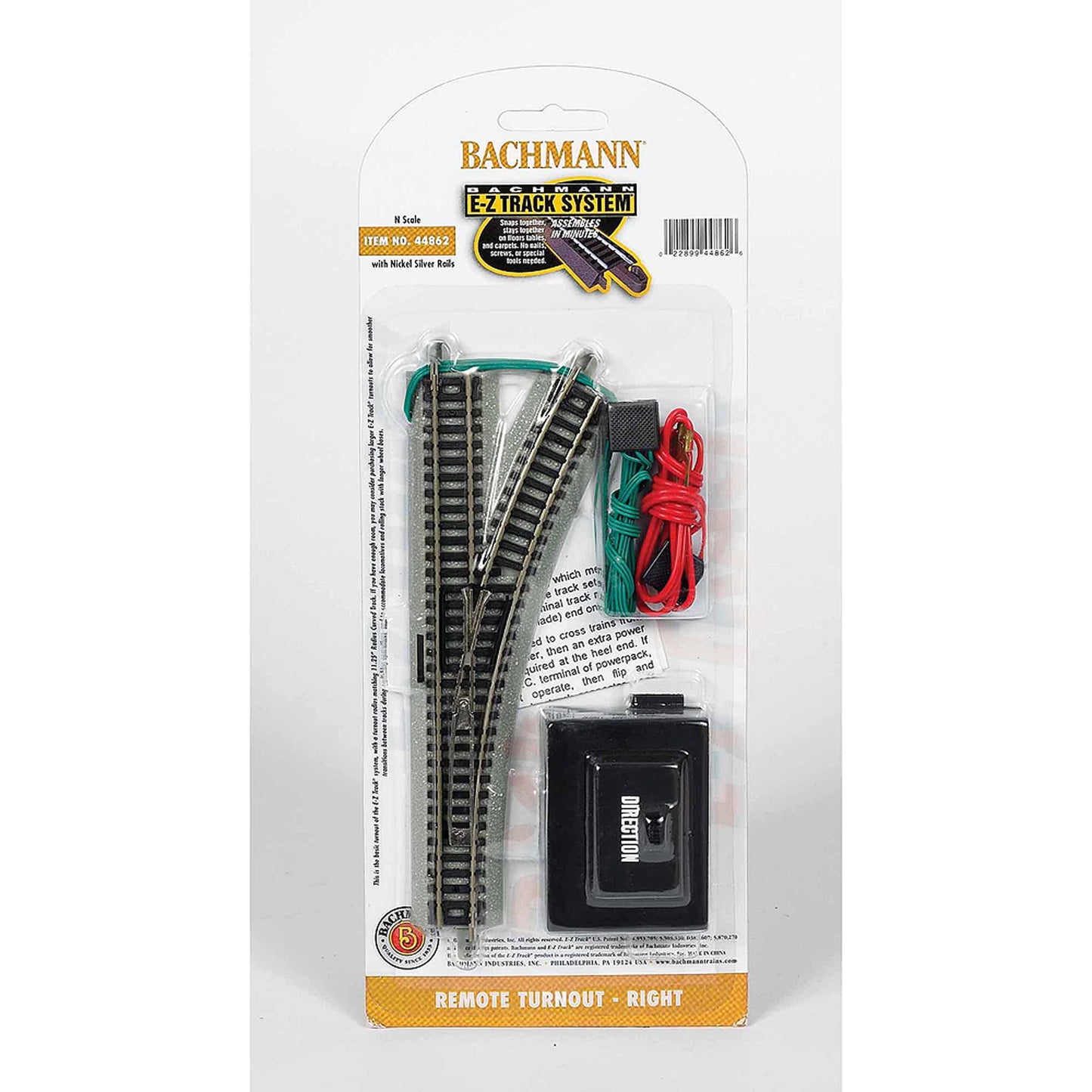 Bachmann N Scale E-Z Track System Remote Turnout Right with nickel silver rails, includes track pieces, remote control, and red wiring