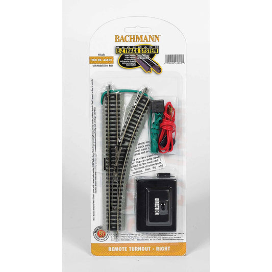Bachmann N Scale E-Z Track System Remote Turnout Right with nickel silver rails, includes track pieces, remote control, and red wiring