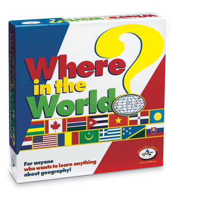 Where in the World Updated Edition geography board game box showing title with large yellow question mark, colorful international flags, and globe graphic