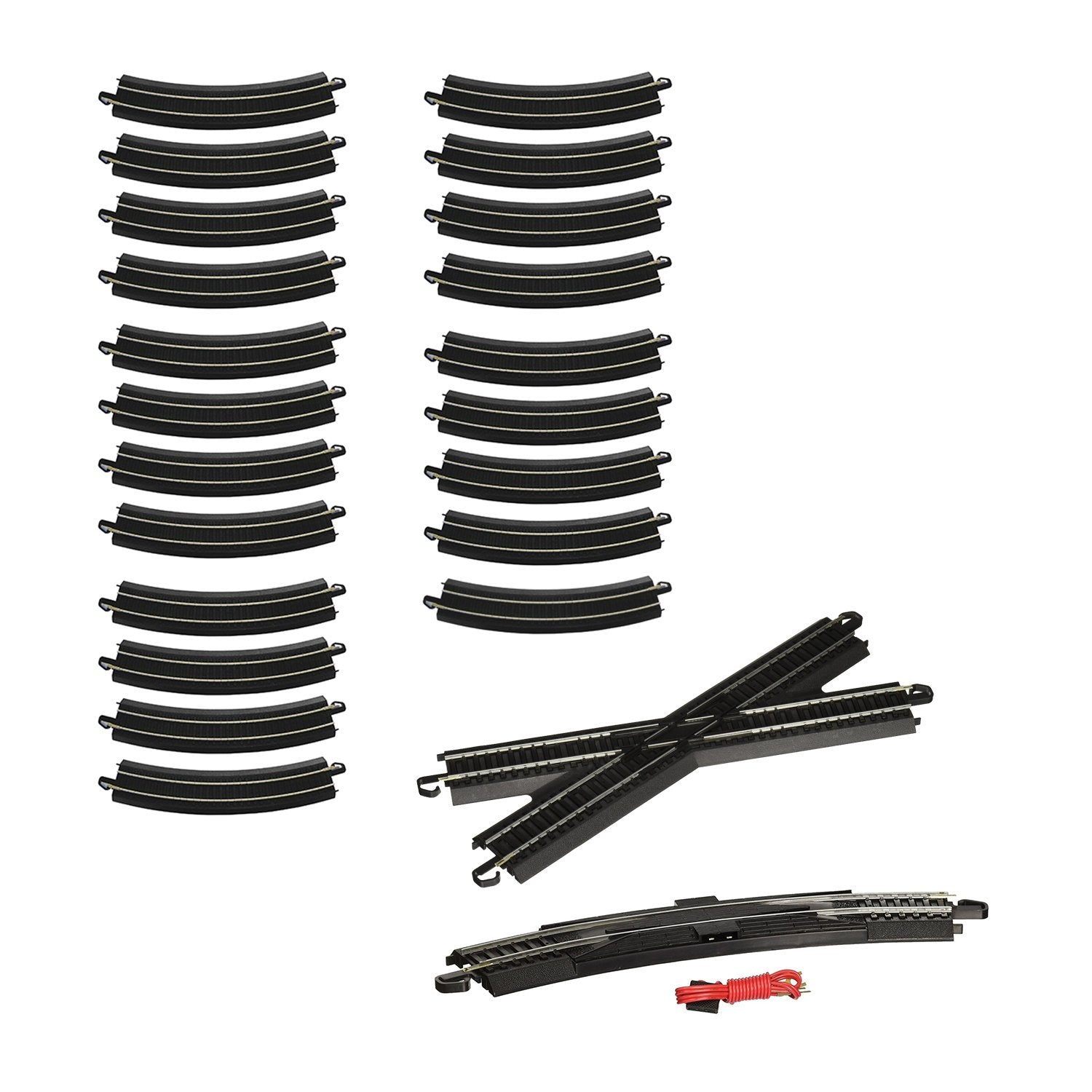 Bachmann Trains HO Scale Figure 8 E-Z Track Pack contents: black curved and straight track pieces with connectors, switch track component, and red coupling cord