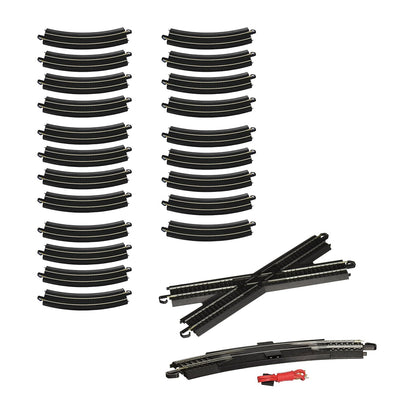 Bachmann Trains HO Scale Figure 8 E-Z Track Pack contents: black curved and straight track pieces with connectors, switch track component, and red coupling cord