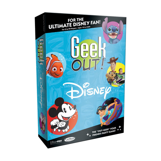 Disney Geek Out! trivia board game box featuring Mickey Mouse, Stitch, Nemo, Woody, and Aladdin characters on blue background