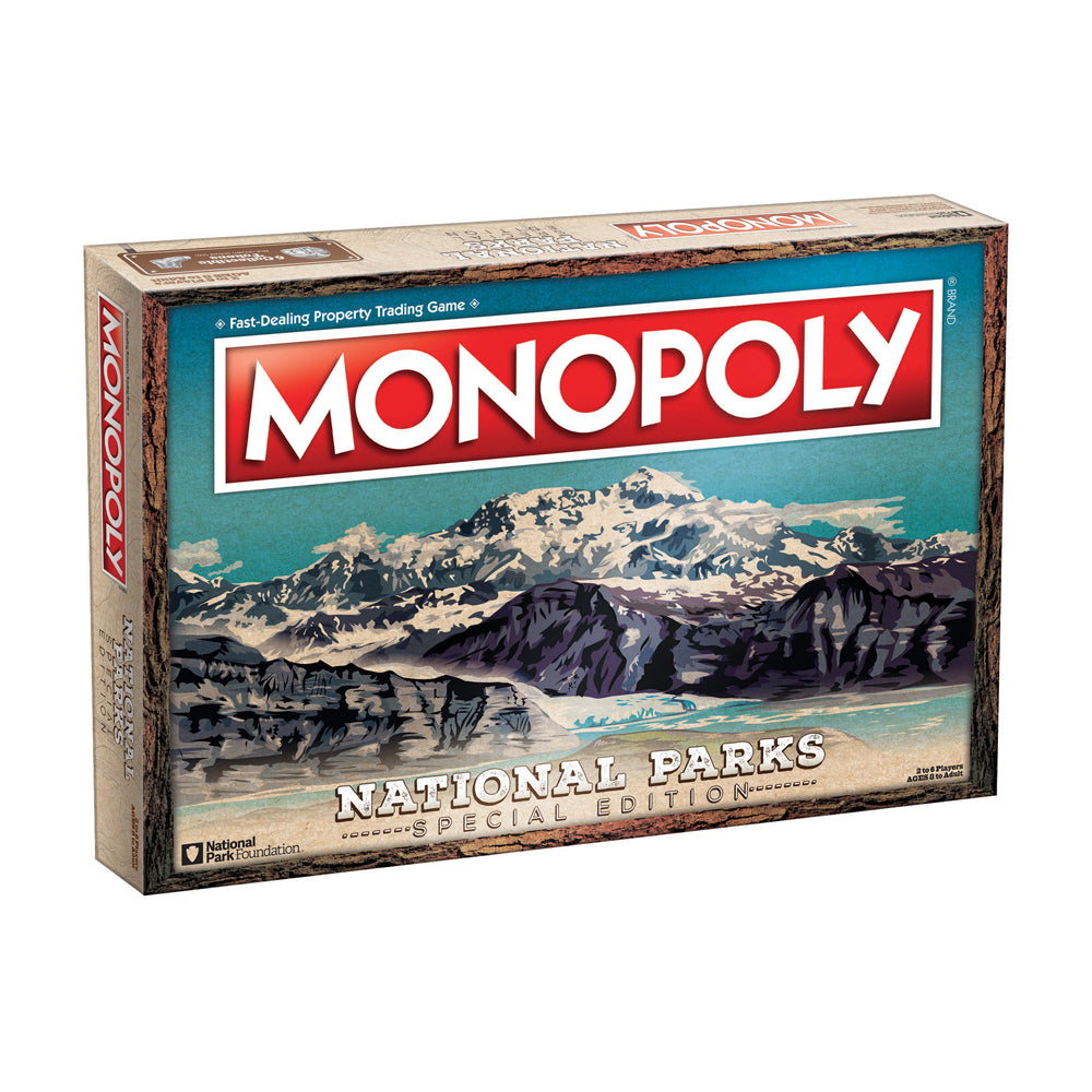 Monopoly National Parks Special Edition board game box featuring snow-capped mountain landscape and turquoise sky