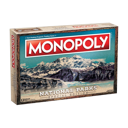 Monopoly National Parks Special Edition board game box featuring snow-capped mountain landscape and turquoise sky