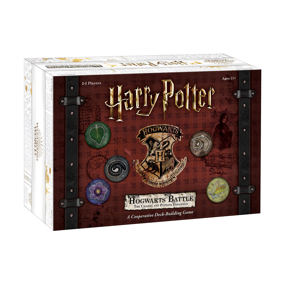 Harry Potter Hogwarts Battle: Charms and Potions Expansion board game box featuring dark red background with Hogwarts crest, spell tokens, and black leather-loo