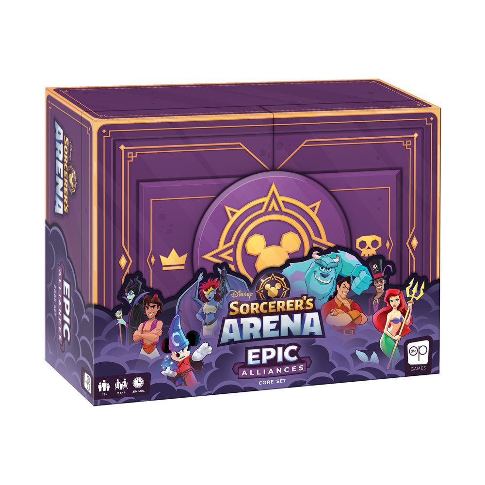 Disney Sorcerer's Arena Epic Alliances Core Set game box with purple and gold design featuring Disney characters including Aladdin, Ursula, Hercules, and Malefi