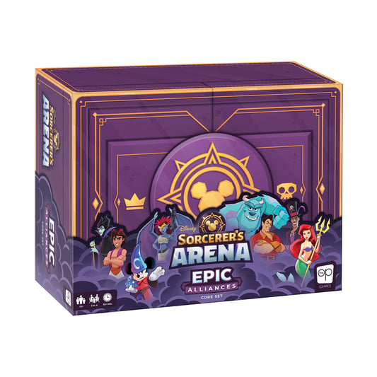Disney Sorcerer's Arena Epic Alliances Core Set game box with purple and gold design featuring Disney characters including Aladdin, Ursula, Hercules, and Malefi