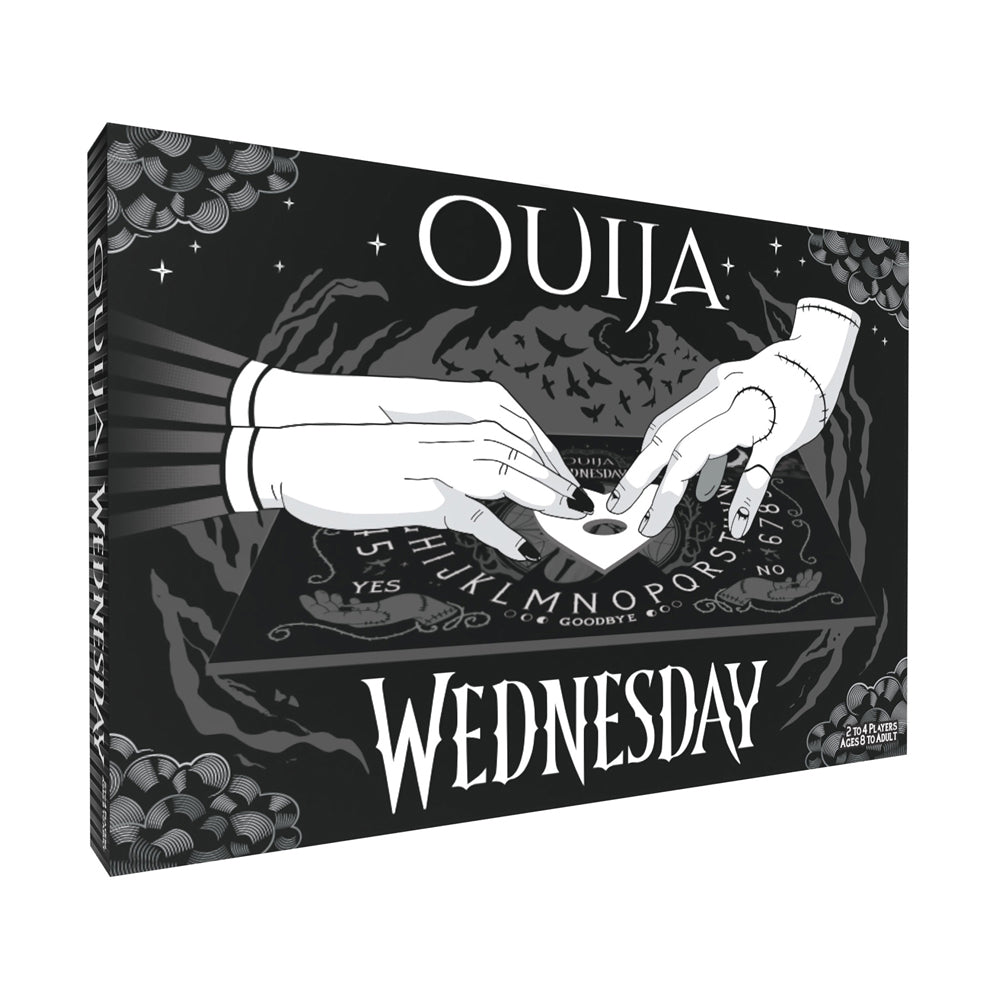 Wednesday Edition Ouija Board Game box showing two hands over a black ouija board with mystical imagery and stars