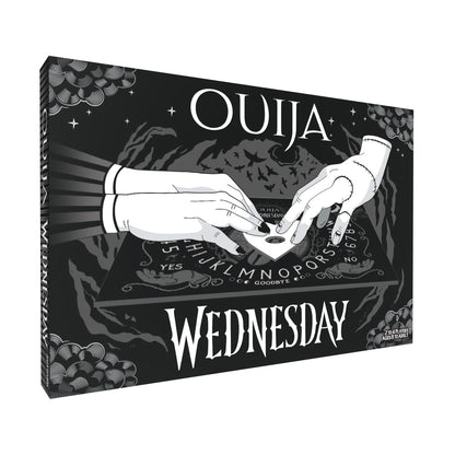Wednesday Edition Ouija Board Game box showing two hands over a black ouija board with mystical imagery and stars