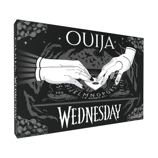 Wednesday Edition Ouija Board Game box showing two hands over a black ouija board with mystical imagery and stars
