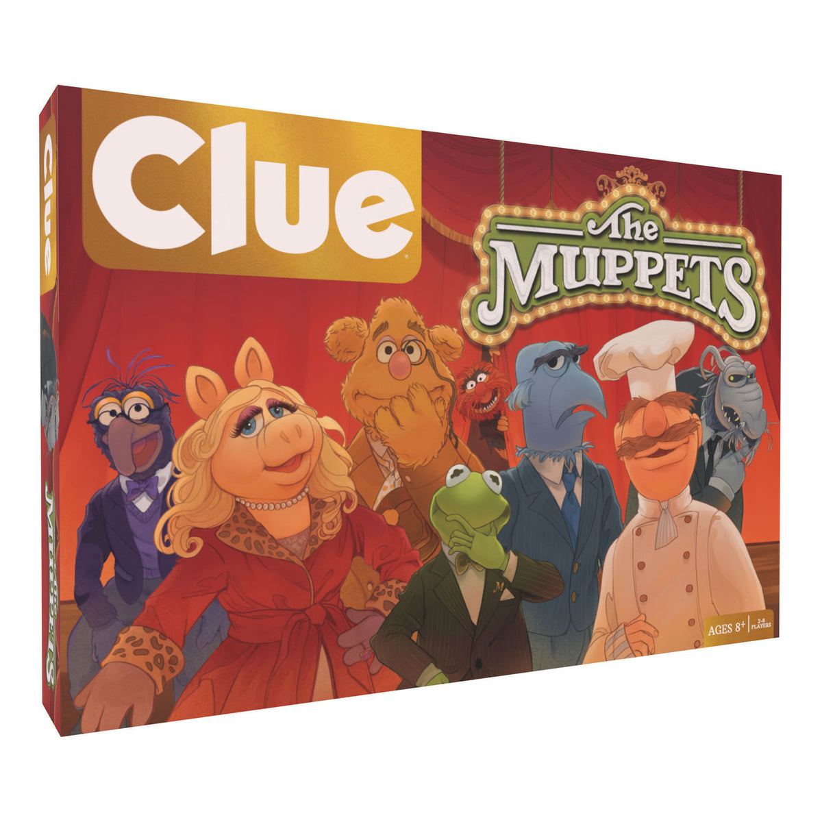 Clue The Muppets Edition board game box featuring colorful Muppet characters on red background