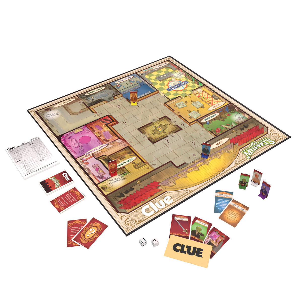 Clue The Muppets Edition Mystery Board Game with game board, cards, dice, and player pieces displayed
