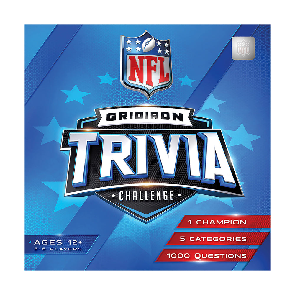 NFL Gridiron Trivia Challenge board game box featuring NFL logo, blue background with stars, ages 12+, 2-6 players, 1 champion, 5 categories, 1000 questions