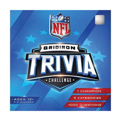 NFL Gridiron Trivia Challenge board game box featuring NFL logo, blue background with stars, ages 12+, 2-6 players, 1 champion, 5 categories, 1000 questions