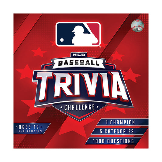 MLB Official Baseball Trivia Challenge board game box featuring red background with MLB logo, game title, and details: ages 12+, 2-6 players, 1 champion, 5 cate