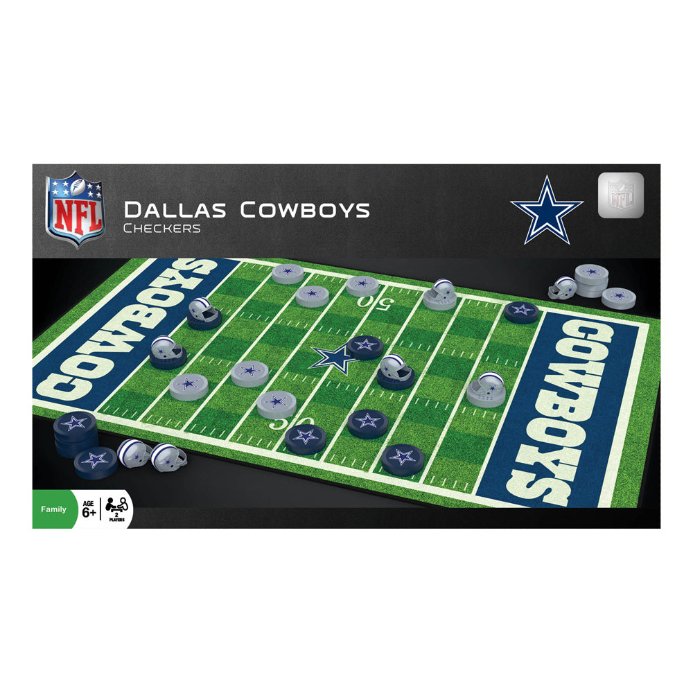 Dallas Cowboys NFL Checkers game board with blue and silver game pieces arranged on a green football field-themed board with Cowboys branding