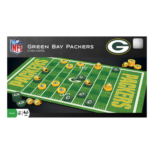 Green Bay Packers NFL Checkers game set with green field board, yellow and dark green checker pieces, and team logos