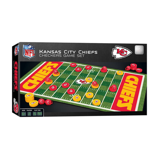 Kansas City Chiefs Checkers Game Set box showing football field game board with red and yellow checker pieces and NFL branding