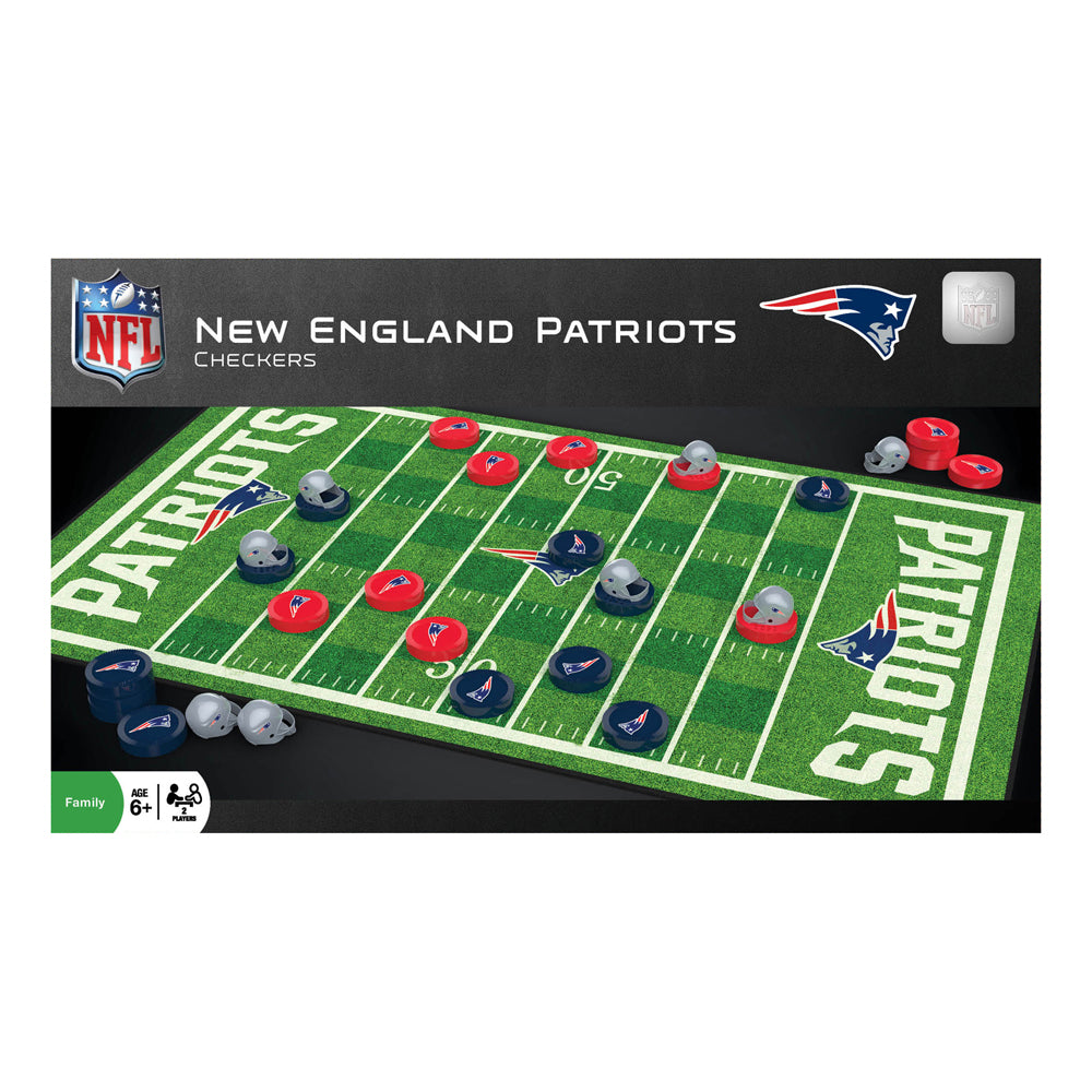 New England Patriots checkers game set with green football field board, red and navy checker pieces, and gray pieces displayed on black background