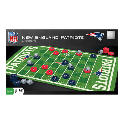New England Patriots checkers game set with green football field board, red and navy checker pieces, and gray pieces displayed on black background