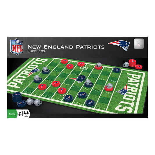 New England Patriots checkers game set with green football field board, red and navy checker pieces, and gray pieces displayed on black background
