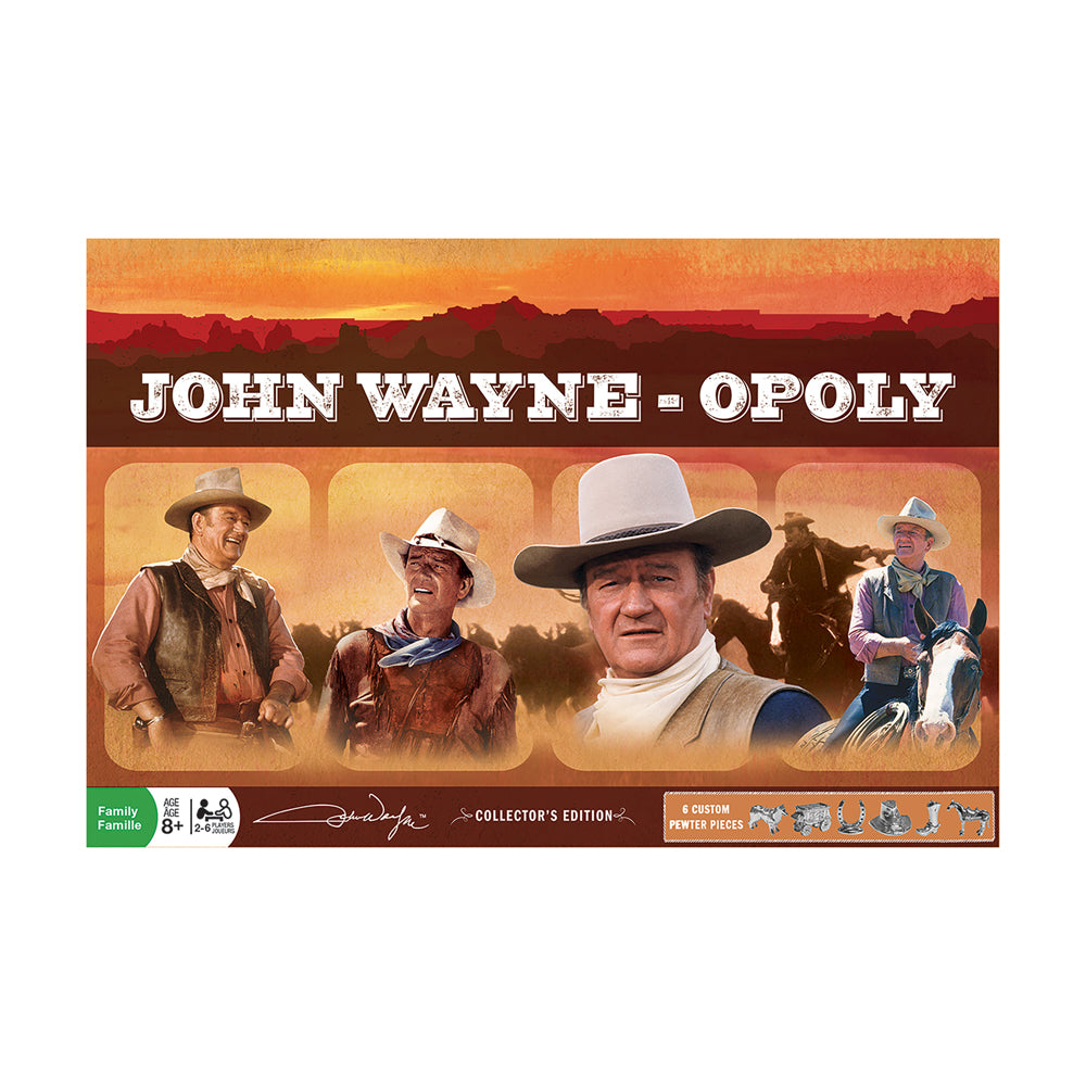 John Wayne-Opoly Collector's Edition board game box featuring western desert landscape and cowboy imagery