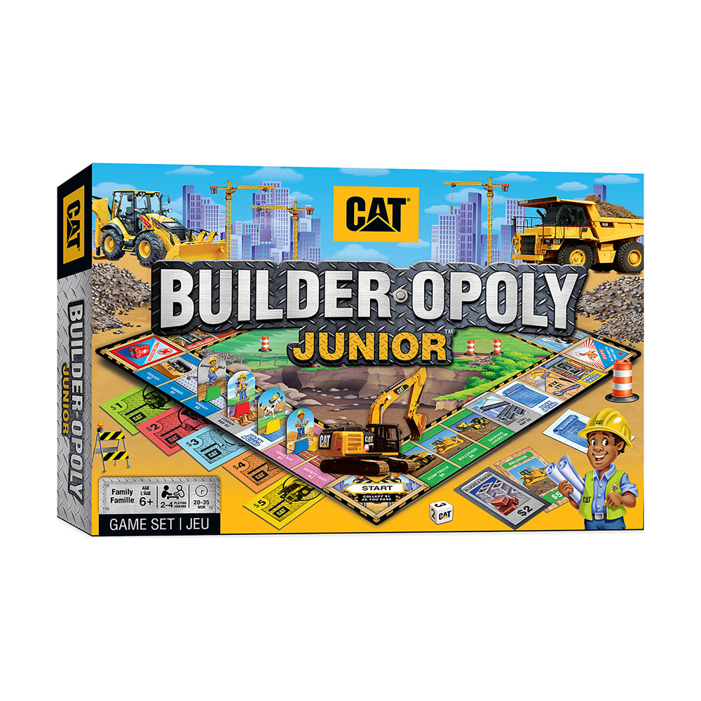 CAT Builder Opoly Junior board game box showing construction-themed game board with yellow heavy equipment, building site, and game pieces on plain background