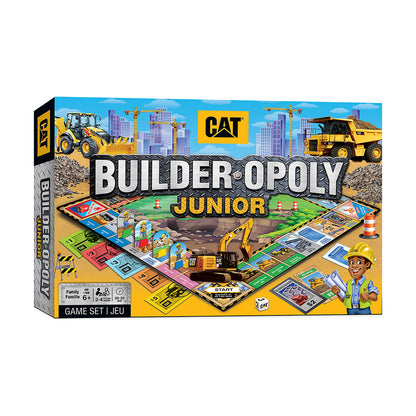 CAT Builder Opoly Junior board game box showing construction-themed game board with yellow heavy equipment, building site, and game pieces on plain background