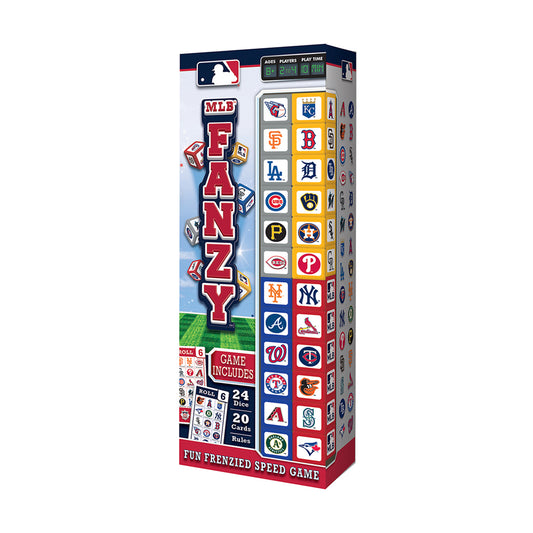 MLB Fanzy dice game box featuring red letters spelling FANZY with MLB team logos on tiles and game components including dice and cards