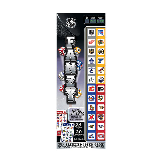 NHL Fanzy dice game box featuring NHL logo, large silver Fanzy text, team logos grid, dice, and game components including 6 dice, 24 cards, and rules
