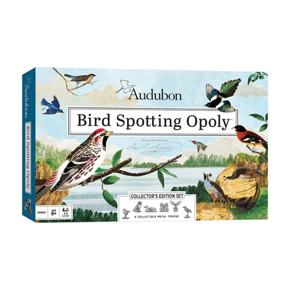 Audubon Bird Spotting Opoly Collector's Edition board game box showing illustrated birds perched on branches over a landscape, with game details and 6 collectib