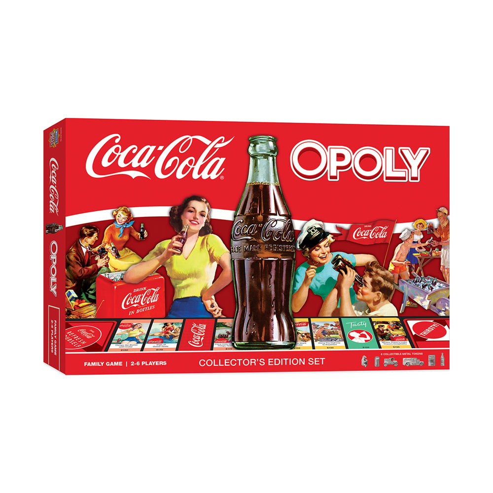 Coca-Cola Opoly Collector's Edition board game box featuring vintage Coca-Cola advertising imagery, a large Coca-Cola bottle, and game board visible on red pack