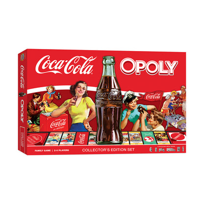 Coca-Cola Opoly Collector's Edition board game box featuring vintage Coca-Cola advertising imagery, a large Coca-Cola bottle, and game board visible on red pack