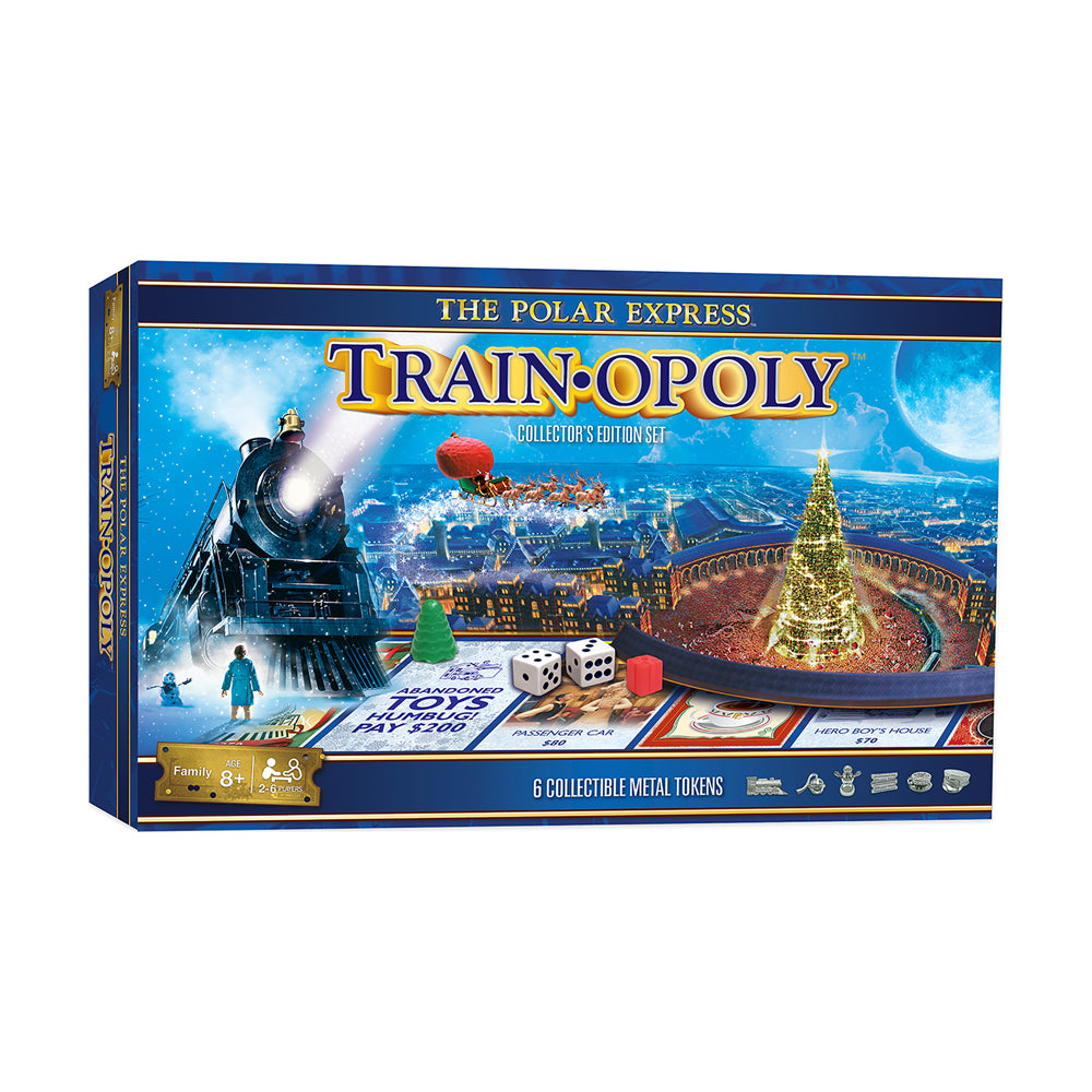 The Polar Express Train-Opoly Collector's Edition board game box featuring a steam locomotive, snowy village scene, decorated Christmas tree, game board, dice,