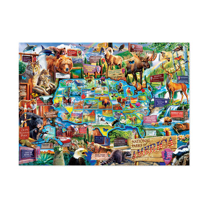 National Parks of America map jigsaw puzzle showing wildlife, landmarks, and scenery from U.S. national parks including Yellowstone, Grand Canyon, and Yosemite