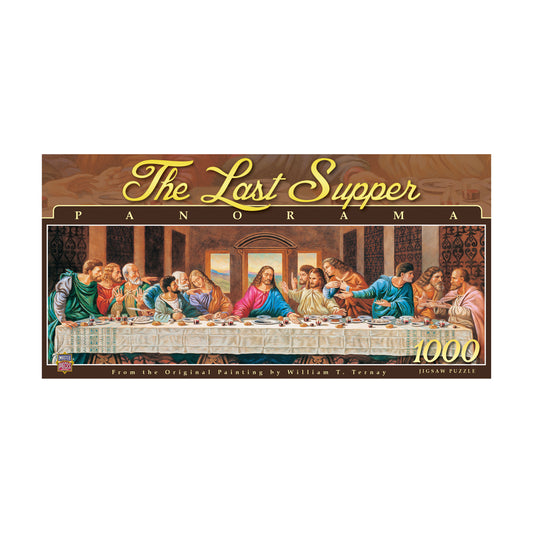 The Last Supper Panorama 1000-piece jigsaw puzzle box featuring classical religious artwork of thirteen figures seated at a long table, from original painting b