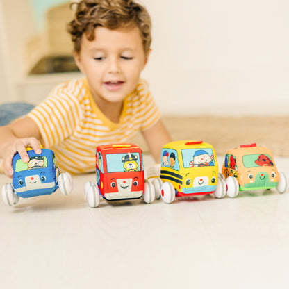 Melissa & Doug K's Kids Pull-Back Vehicle Set with four colorful soft toy cars in blue, red, yellow, and green