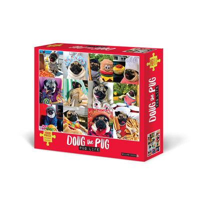 Doug the Pug Life 1000-piece jigsaw puzzle box featuring a red background with a collage of photos showing a pug in various costumes and settings