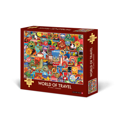 World of Travel 1000-piece jigsaw puzzle box featuring colorful collage of travel stickers, landmarks, and destination logos by Lewis T. Johnson