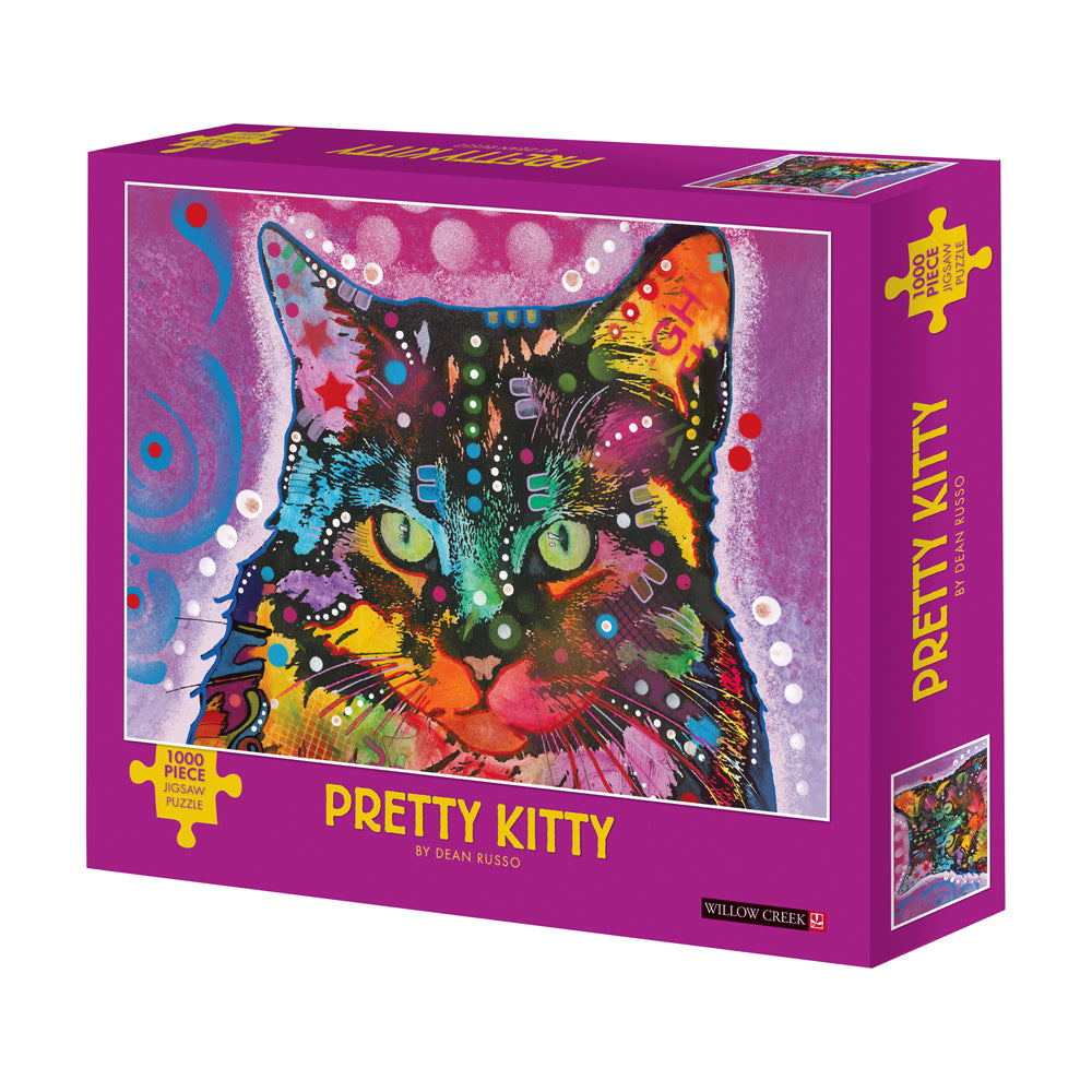 Dean Russo Pretty Kitty 1000-piece jigsaw puzzle box featuring colorful pop art cat portrait with vibrant multicolored paint splatter design on magenta packagin