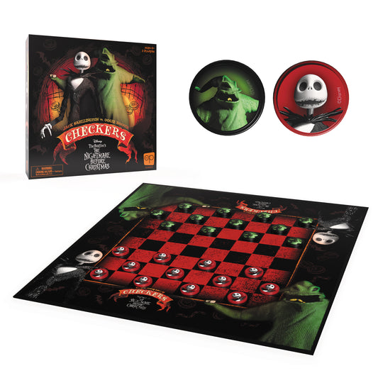 Disney's The Nightmare Before Christmas Checkers Game by USAopoly showing box, game board with red and black squares, and two circular player pieces featuring J